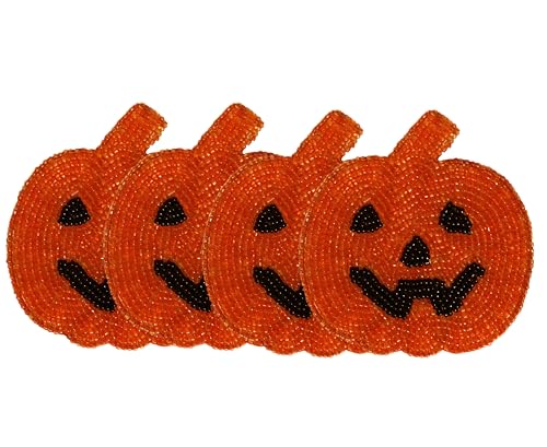 COTTON CRAFT Halloween Harvest Pumpkin Beaded Coaster - Set of 4 Handmade Bar Drink Tabletop Protection Coasters - Autumn Fall T